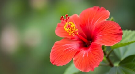 Realistic close-up photo of red hibiscus flower in soft daylight
