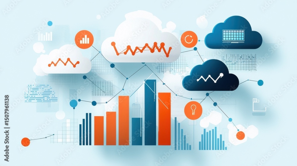 Poster a visually striking abstract composition featuring data visualization elements like graphs charts an