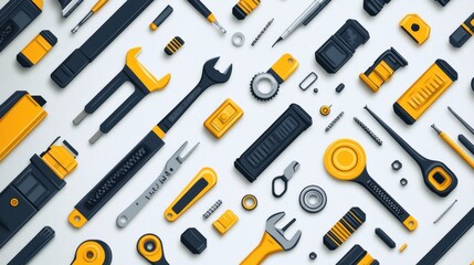 Obraz premium Colorful tools and equipment on a white background, representing a collection or toolkit. Potentially for use in a manual, diagram, or stock image for tools, construction, or design projects