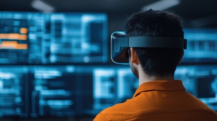 A man wearing a VR headset analyzes data on multiple digital screens in a high-tech control room.