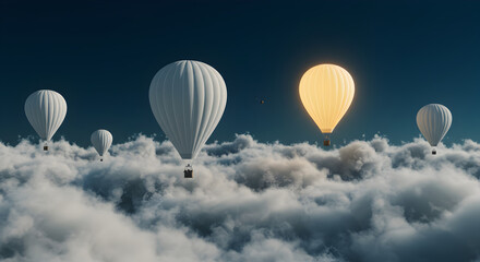 Fototapeta premium Pixel Art Style Hot Air Balloons Floating Above Soft White Clouds with a Glowing Yellow Balloon in a Dark Blue Sky