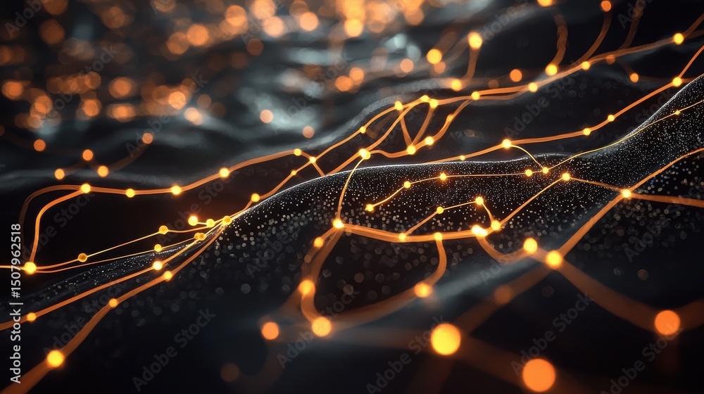 Poster an abstract futuristic visualization of a dynamic network of interconnected glowing lines and nodes 