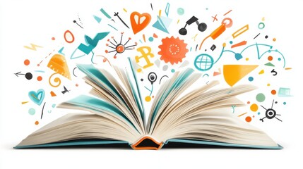 An open book with vibrant glowing pages bursting forth with a colorful array of abstract symbols icons and ideas representing the boundless potential of knowledge creativity and imagination