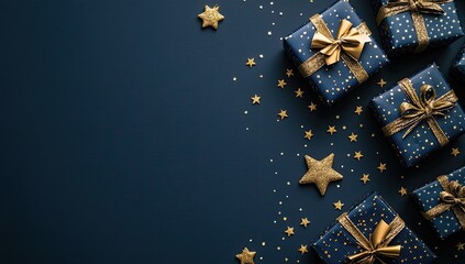 Navy blue gift boxes with gold accents, stars, and confetti
