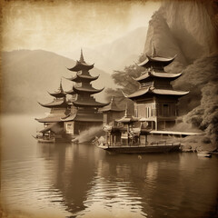 Floating Monks Sanctuary Dutch Angle Albumen Print Style