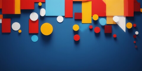 Colorful Geometric Abstract Background with Dark Blue Color, Featuring Various Shapes in Scattered Arrangement including Red, Orange, Yellow, Blue.