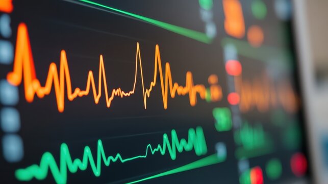 A digital monitor displays colorful heart rate and vital sign graphs, indicating real-time patient health data in a medical setting.