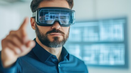 A man wearing virtual reality goggles interacts with a digital interface in a modern, tech-focused environment.