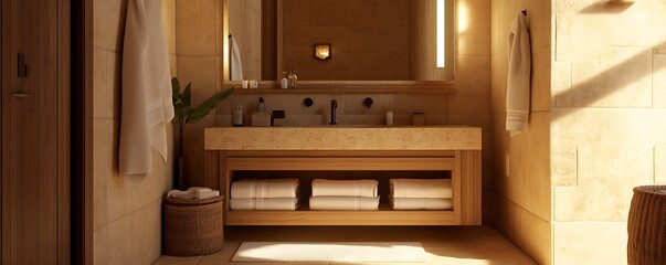 A warm-toned bathroom with sandy textures soft beige tiles and a cozy wooden vanity.