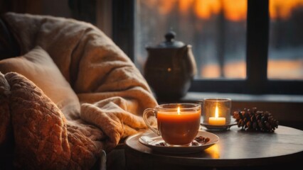 Cozy Living Room with Large Window, Snowy Landscape View, Lit Candle, and Basket of Pine Cones on Wooden Table