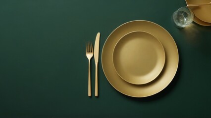 Table setting with gold plate, cutlery, water glasses, and green plant on dark green background. Rich gold and green colors.