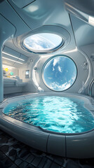 Obraz premium futuristic spa featuring pool and windows offering view of Earth from space, relaxation and luxury.
