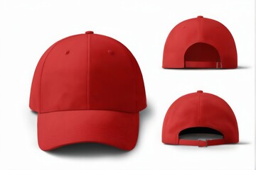 Red Baseball Cap in Three Different Angles, Curved Brim, Adjustable Strap, New and Unused, White Background