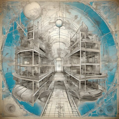 Blueprint-Style Dreamscape Stencil Art �C Surreal Architectural Fantasy