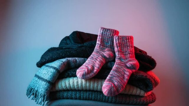 Stack of warm winter clothes with knitted socks on top illuminated