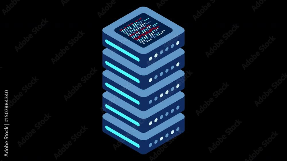 Poster isometric server animation. network server room. 3d computer equipment. storage database. isometric 