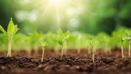 Lush young plants in wellmaintained soil bathed in sunlight, creating a peaceful and serene garden atmosphere.