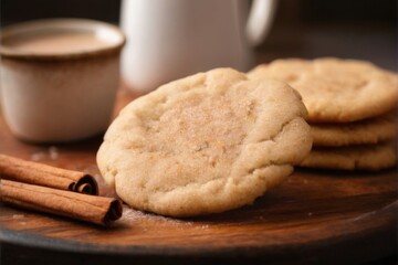 Freshly Baked Cinnamon Sugar Cookie on Wooden Tray with Cinnamon Sticks and Mug, Warm Cozy Kitchen Background, Closeup Shot