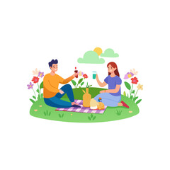 Couple on a Picnic in a Flowery Meadow