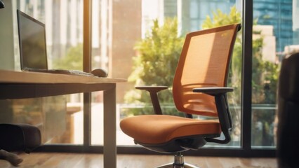 Modern Office Space with Panoramic City View, Wooden Desk, Laptop, and Orange Office Chairs in Natural Light Setting