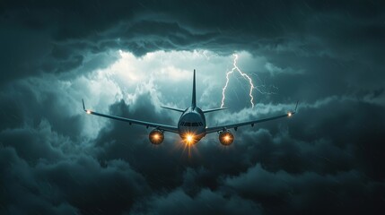 Fototapeta premium Aerial view of an airplane flying through a dramatic storm filled sky with heavy rain and lightning bolts visible around the aircraft