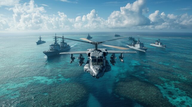 An aerial shot captures a navy helicopter likely a Seahawk model soaring above a fleet of ships navigating the turquoise waters of the open ocean