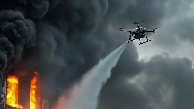 A large drone sprays foam into a burning skyscraper window through thick black smoke and flying embers, urban fire scene with high flames and metal facade. Concept of emergency response technology