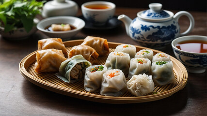 Dim Sum Platter with Dumplings, Spring Rolls, and Tea