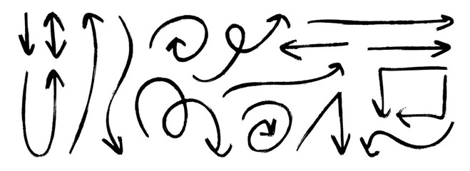 Crayon hand drawn arrow collection. Black curve, zig zag and straight doodle arrows set. Grungy charcoal sketch pointer or direction lines. Vector pastel pencil, chalk or marker brush stroke elements