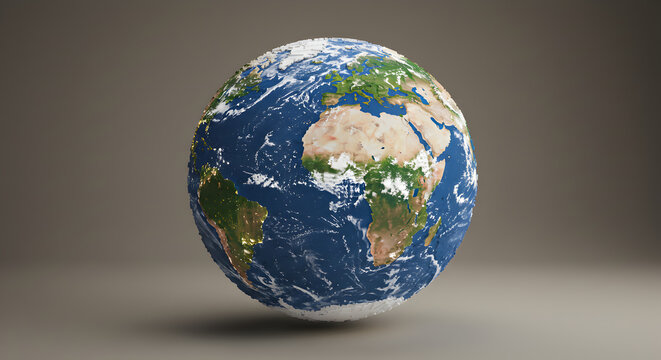 Pixelated Earth Globe Displaying Continents Cloud Cover and City Lights on a Neutral Background - Powered by Adobe