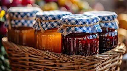 Homemade goodness A basket of colorful fruit preserves with gingham lids reminiscent of a rustic farmer s market