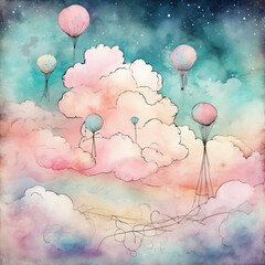 Dreamy Cotton Candy Sky in Skeletal Outline Mixed Media Art