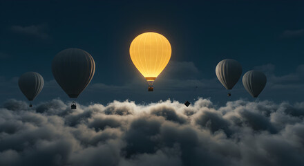 Fototapeta premium Pixelated Hot Air Balloons Floating over Dreamy Cloudscape Lit by one Yellow Balloon in Blocky Style Under a Blue Sky