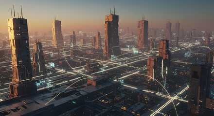 Futuristic Cityscape with Glowing Network at Dusk