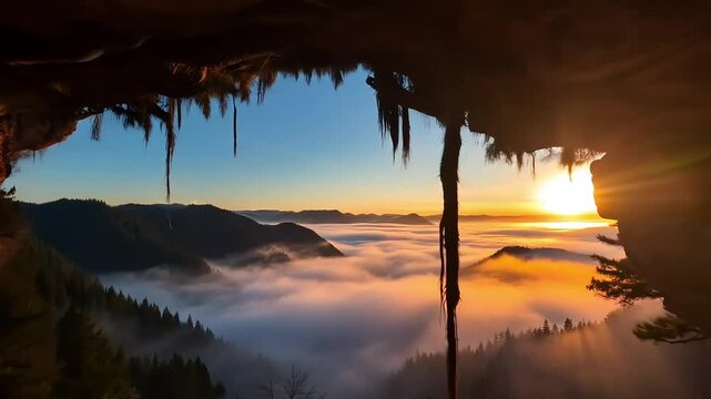 Massive intertwined tree roots bent over a luminous canyon with rising mist and warm twilight tones, moss and bark textures predominate. The concept of sacred nature and mystery