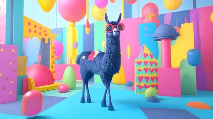 Cheerful cartoon llama wearing sunglasses in a brightly colored abstract environment brimming