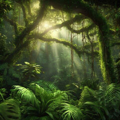 Serene Rainforest Canopy Scene with Soft Lighting in Live-Action Composite Style