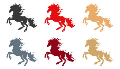 Silhouette of galloping horses in various colors. Dynamic and powerful horse shapes with flowing manes, ideal for equestrian themes, sports, freedom, energy, or wild nature concept design