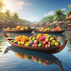 Serene Floating Market Scene with Boats and Fresh Produce in Static Pose Style �C Product Visualization