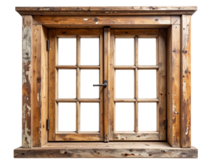 Old Wooden Window Frame with Weathered Texture, Isolated on Transparent Background