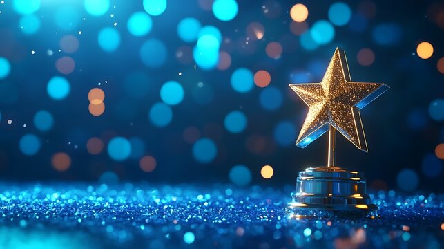Glittering gold star award on a blue sparkly surface.