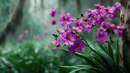 Obraz premium Blooming flowers in meadow inside vibrant tropical paradise concept. Close-up of vibrant pink orchids in a lush green forest setting.