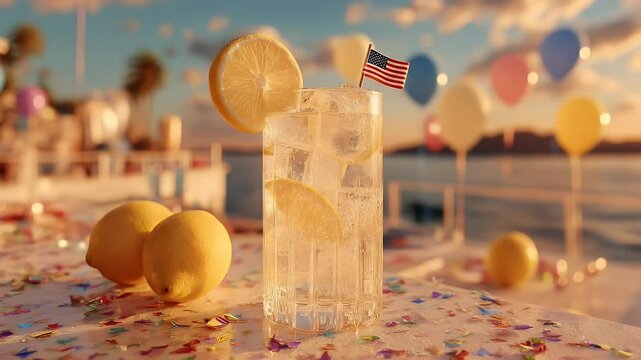 Refreshing summer drink with lemon and ice festive balloons background
