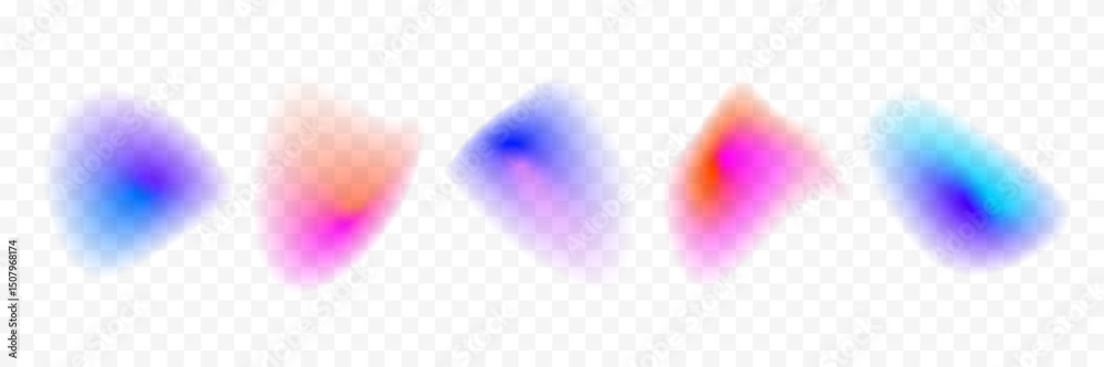 Poster Abstract blurry gradient shape set. Pastel colored liquid blob gradation collection. Y2K blur smooth aura pack. Bright iridescent drop bundle for collage, badge, sticker, template, label. Vector