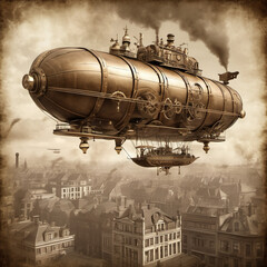 Steampunk Airship in Film Grain Style with Salt Print Photography - Vintage Aesthetic
