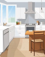 A bright inviting kitchen scene showcasing sleek white cabinetry and warm wood accents basking in the sunlight streaming