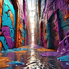 Virtual Graffiti Alley in Encaustic Style �C 3D Animation Digital Art