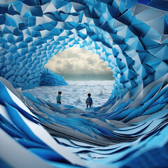 Surreal Origami Ocean in Worm��s-Eye View �C Additive Synthesis Digital Art