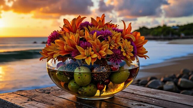 Colorful floral arrangement in glass bowl by the beach at sunset  
