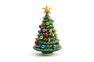 A miniature christmas tree with ornaments and a gold star on a white background for the holidays